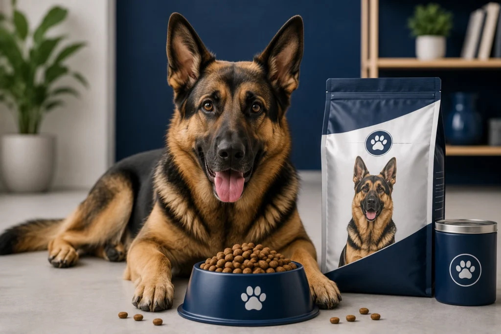 German Shepherd eating the best dog food in Pakistan from a bowl of premium dry kibble