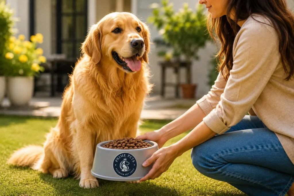 Golden Retriever eating premium dog food from Prime Pets in Pakistan