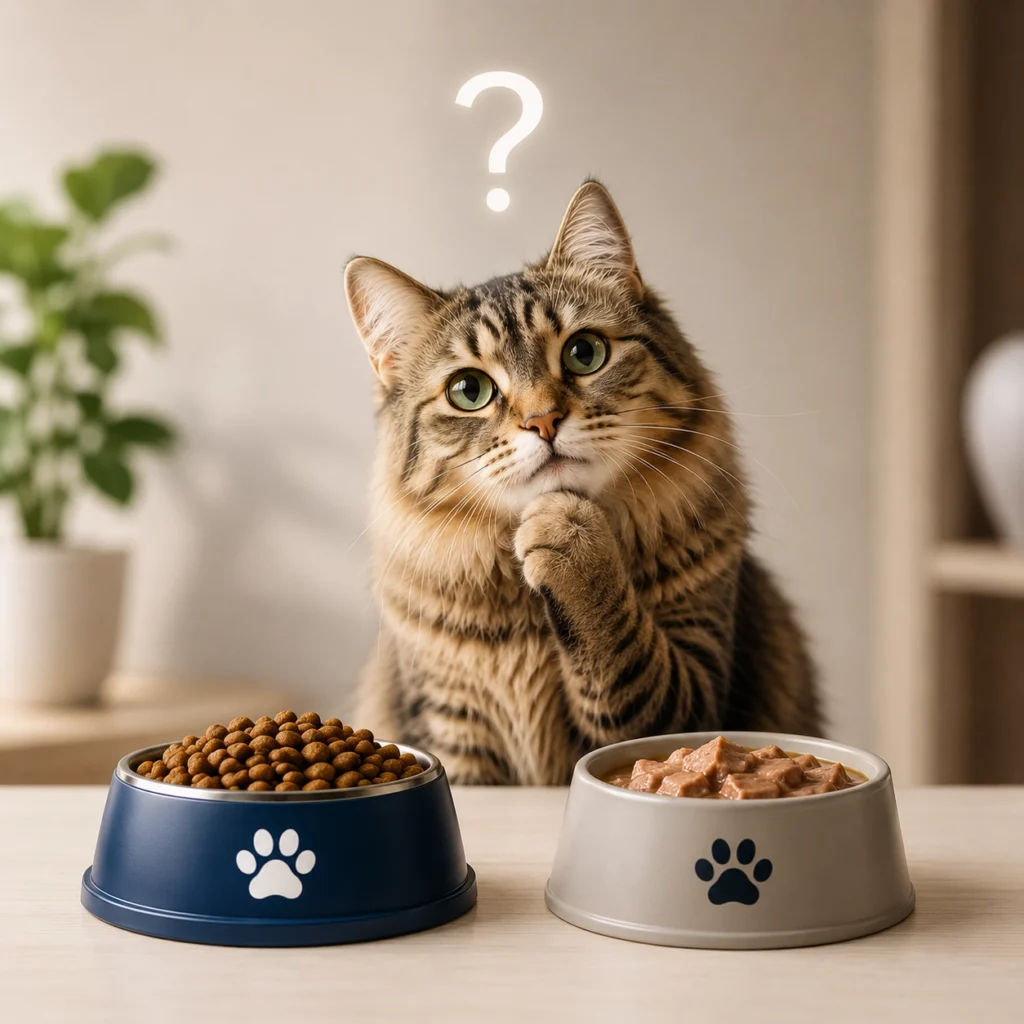 Fluffy cat sitting beside a bowl of dry cat food with nutrition and health-benefit icons, promoting premium cat food from Prime Pets.