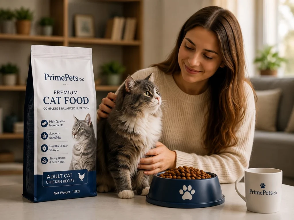 Cat food buying guide showing dry food, wet food, treats, and a healthy adult cat