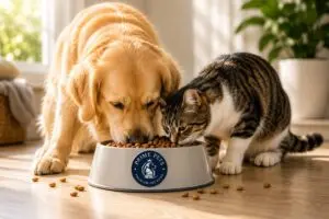 Cat and dog eating premium pet food from Prime Pets in Pakistan