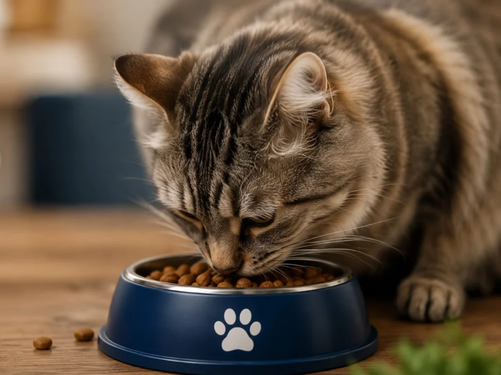 Adult cat with a bowl of dry food and trusted cat food products in Pakistan