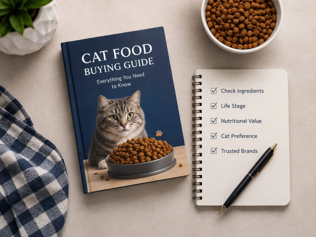 Cat food guide with a cat, feeding bowl, trusted brands, and nutrition checklist for cat parents