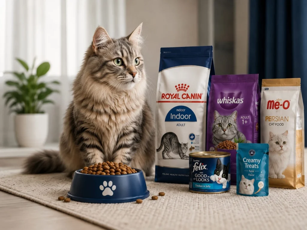 Fluffy cat sitting beside premium dry and wet cat food brands available in Pakistan
