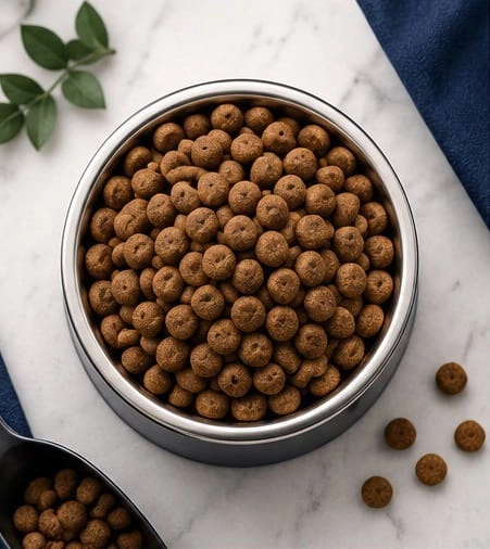 Healthy dog eating nutritious dry food from a premium pet food bowl