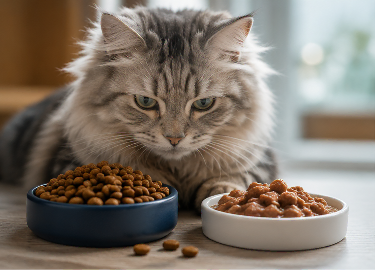 Grey cat comparing a bowl of dry cat food and wet cat food in Pakistan.