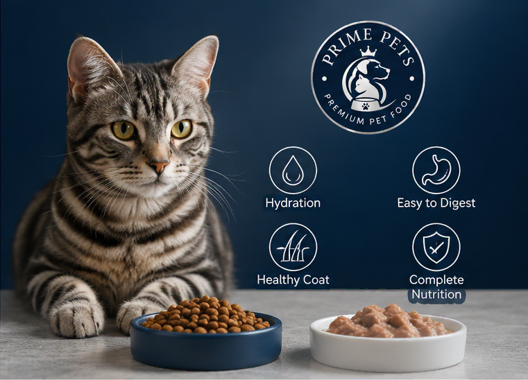 Cat with dry and wet food bowls showing hydration, digestion, healthy coat, and complete nutrition benefits.