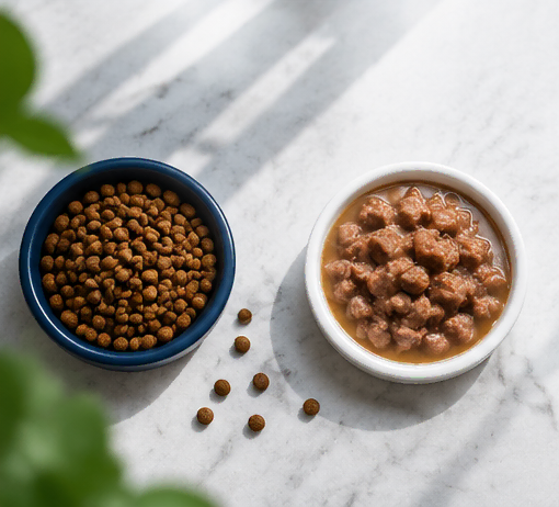 Top view of dry cat food and wet cat food bowls for cats in Pakistan.