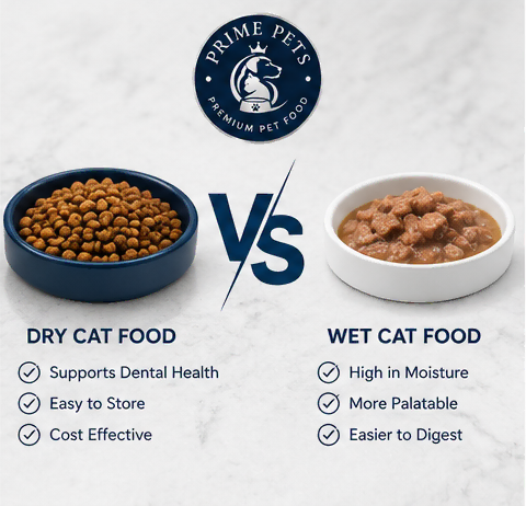 Dry cat food vs wet cat food comparison showing dental health, moisture, storage, taste, and digestion benefits.