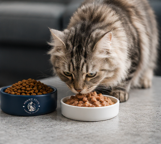 Grey cat eating wet cat food beside a bowl of dry food from Prime Pets Pakistan.